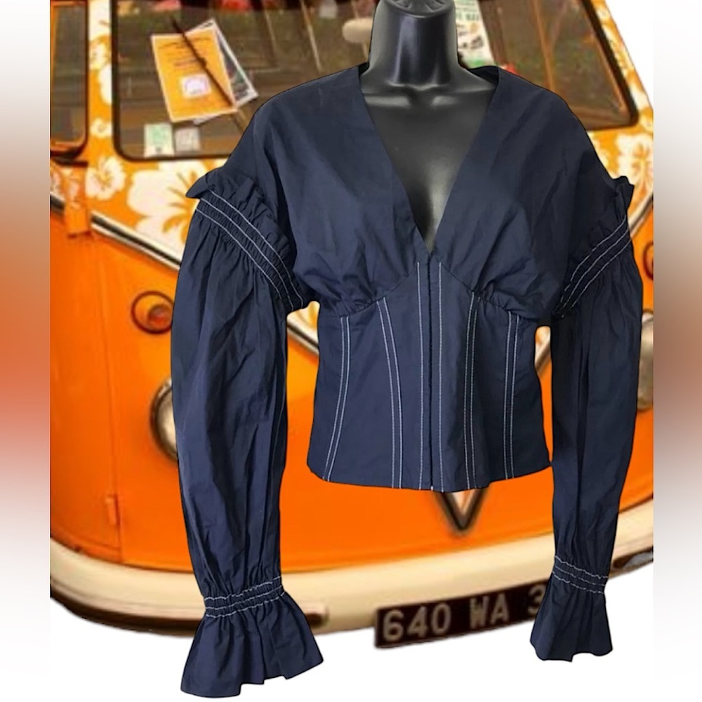 Jonathan Simkhai Deep Blue Ruffle Blouse